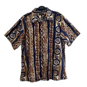 MARC EDWARDS Vintage Cotton Single Stitch Boho Aztec Tribal Button Down, Tan- L